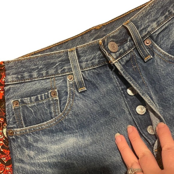 levi’s 501 Button Fly Jeans w/Red Floral Detail Down Sides - Picture 6 of 7